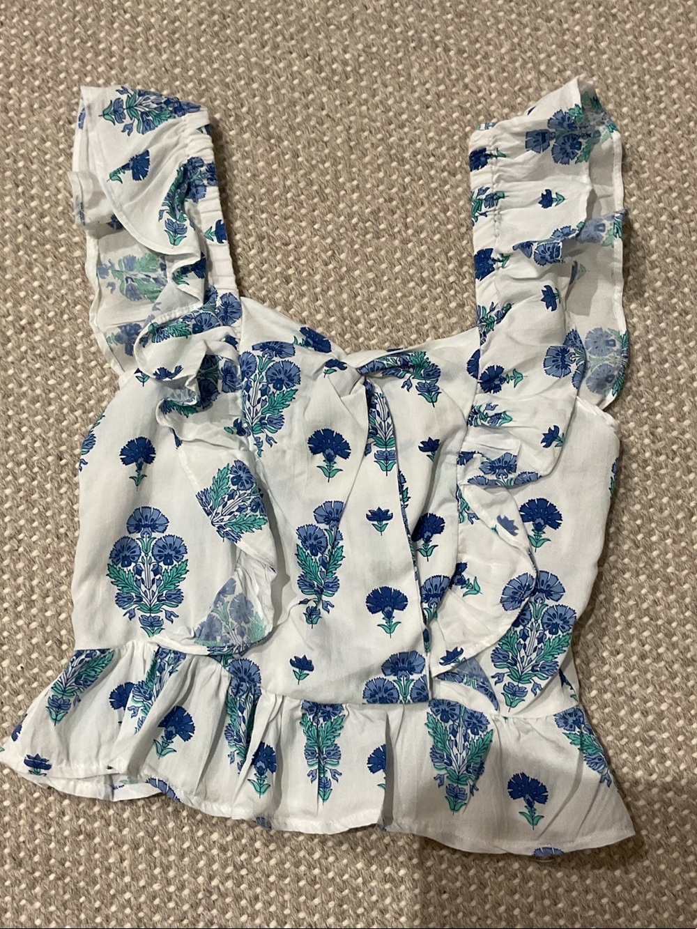 White Floral Ruffle Crop Top with Blue Print
